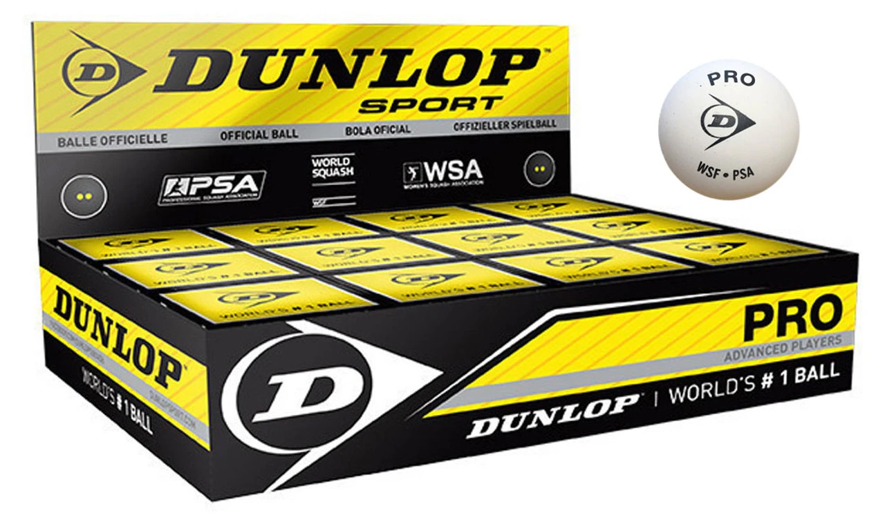 Dunlop Pro Double Yellow Dot WHITE Squash Balls 12 Pack 1 Dunlop Pro Double Yellow Dot WHITE Squash Balls 12 Pack